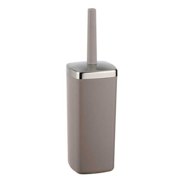 taupe coloured plastic toilet brush holder. It is a rectangular shape with rounded corners and a slightly domed chrome lid. the handle is the same colour as the main body.