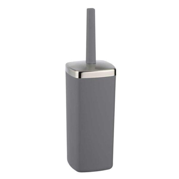 anthracite grey coloured plastic toilet brush holder. It is a rectangular shape with rounded corners and a slightly domed chrome lid. the handle is the same colour as the main body.