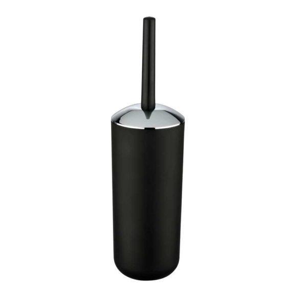 black coloured plastic toilet brush holder. It is a rounded cylindrical shape with a slightly domed chrome lid. the handle is the same colour as the main body.