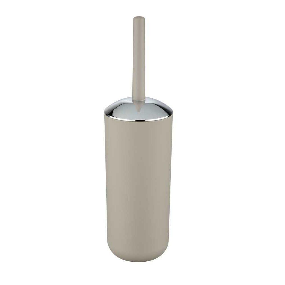 taupe coloured plastic toilet brush holder. It is a rounded cylindrical shape with a slightly domed chrome lid. the handle is the same colour as the main body.