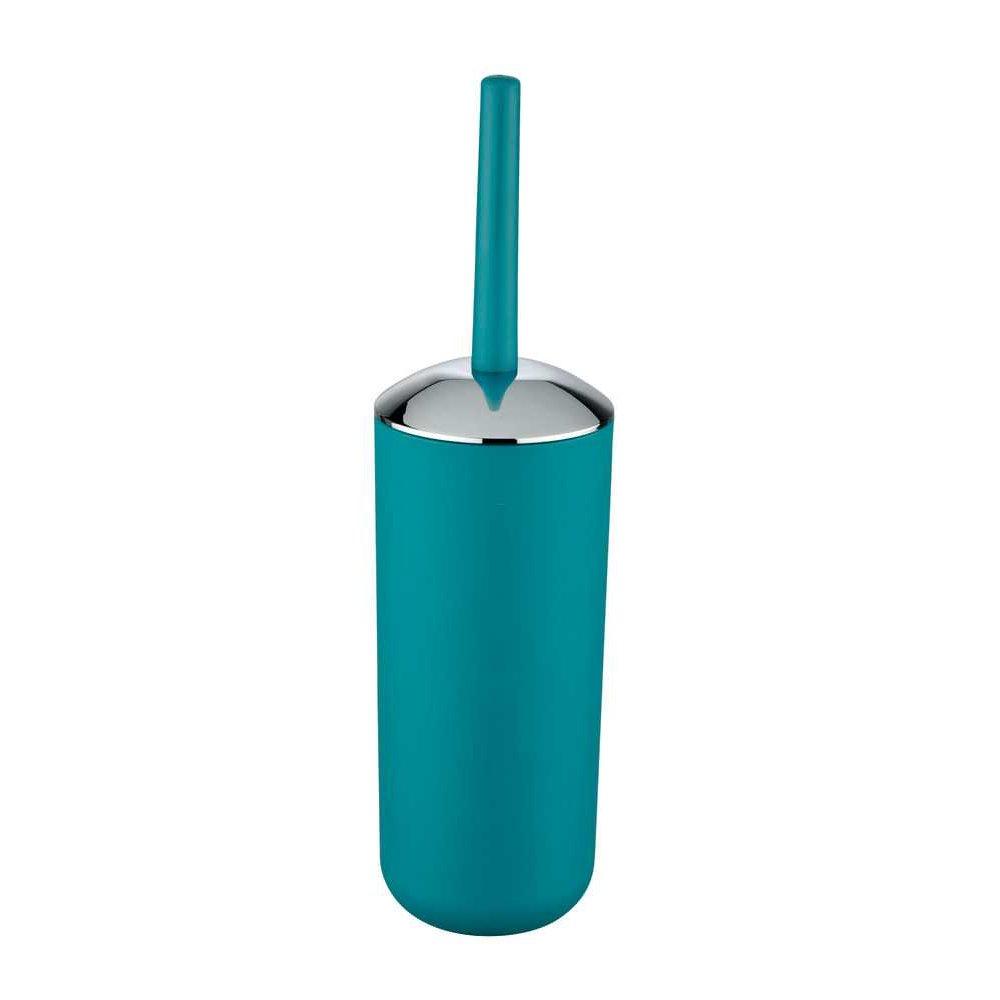 petrol blue coloured plastic toilet brush holder. It is a rounded cylindrical shape with a slightly domed chrome lid. the handle is the same colour as the main body.