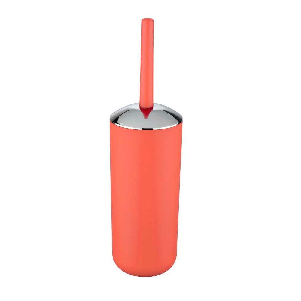 coral coloured plastic toilet brush holder. It is a rounded cylindrical shape with a slightly domed chrome lid. the handle is the same colour as the main body.