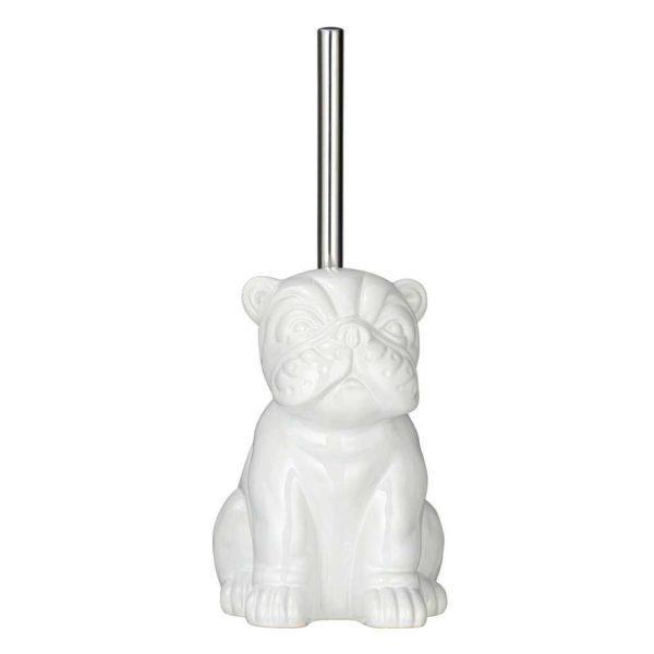 white ceramic bulldog shaped toilet roll holder with long, straight chrome coloured brush handle sticking out from the top of its head.