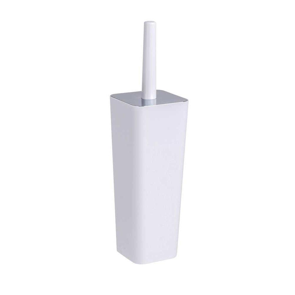 white coloured tall tapered rectangular shaped plastic toilet brush holder with flat chrome coloured lid and white handle
