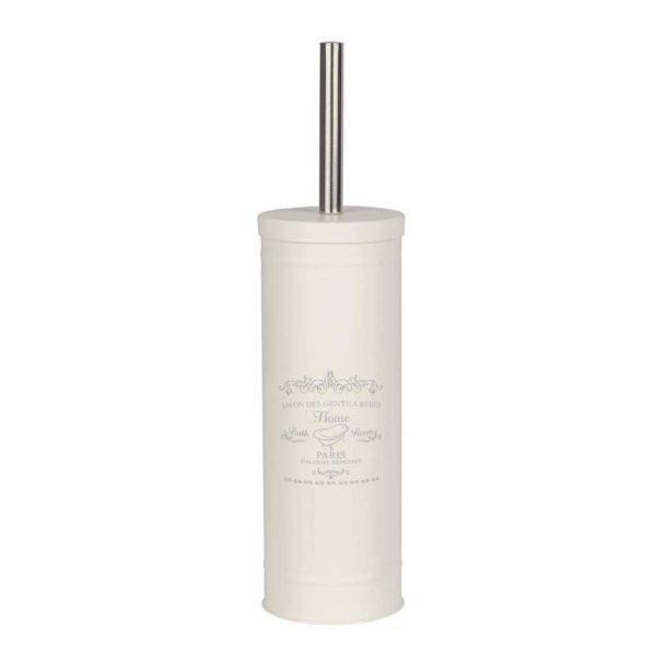 cream coloured tall cylindrical metal toilet brush holder with and old fashined styles illyustration featuring a bath, floral embellishments and text. It has a chrome coloured handle