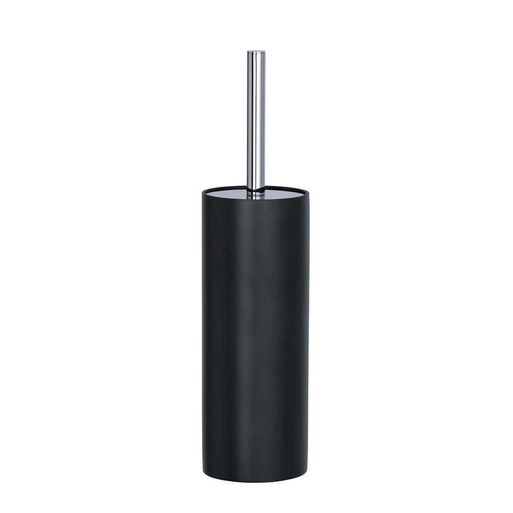 black coloured tall cylindrical resin toilet brush holder with chrome flat lid and handle
