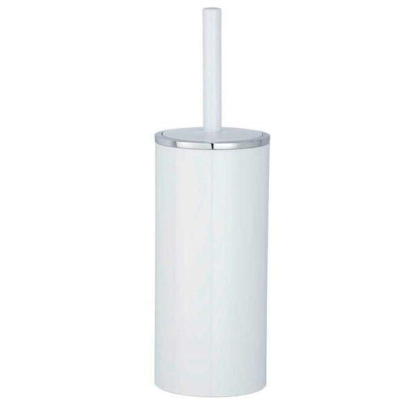 white coloured tall cylindrical plastic toilet brush holder with chrome trim lid and handle