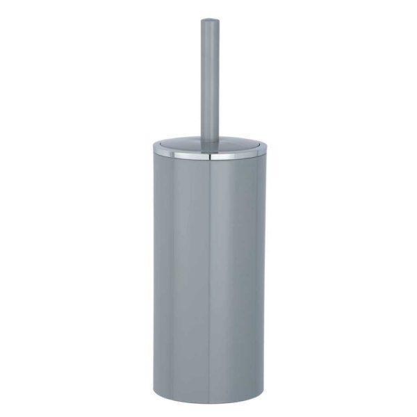 grey coloured tall cylindrical plastic toilet brush holder with chrome trim lid and handle