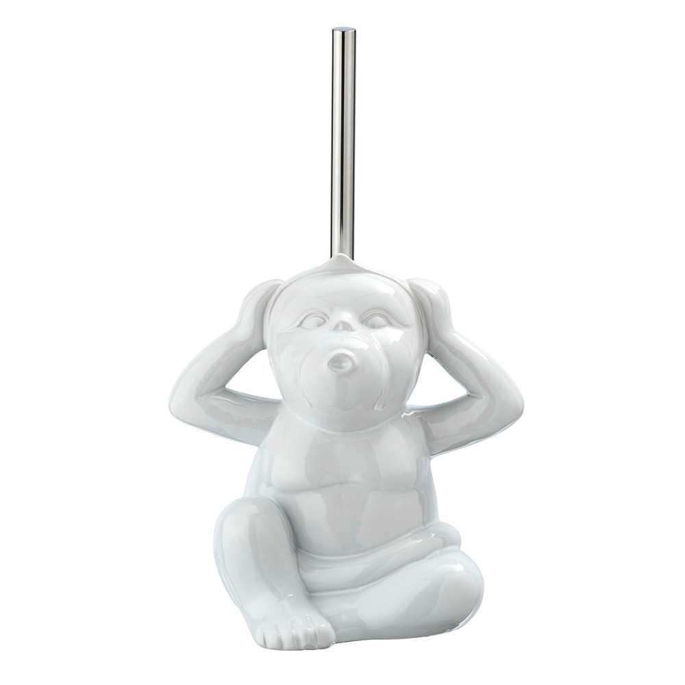 white ceramic monkey shaped toilet roll holder with long, straight chrome coloured brush handle sticking out from the top of its head. the monkety is posed like the 'hear no evil' part of the three wise monkeys.