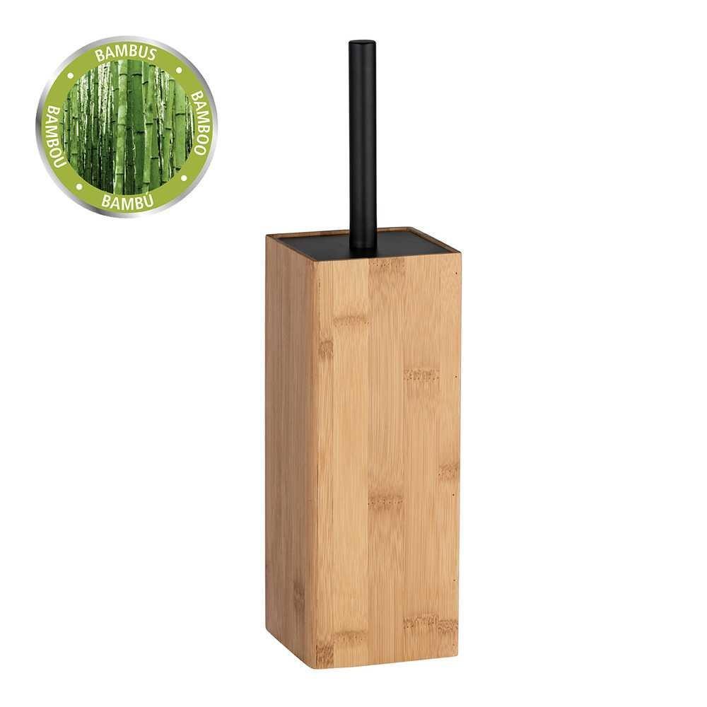 tall rectangular toilet brush holder made from bamboo with flat black lid and handle