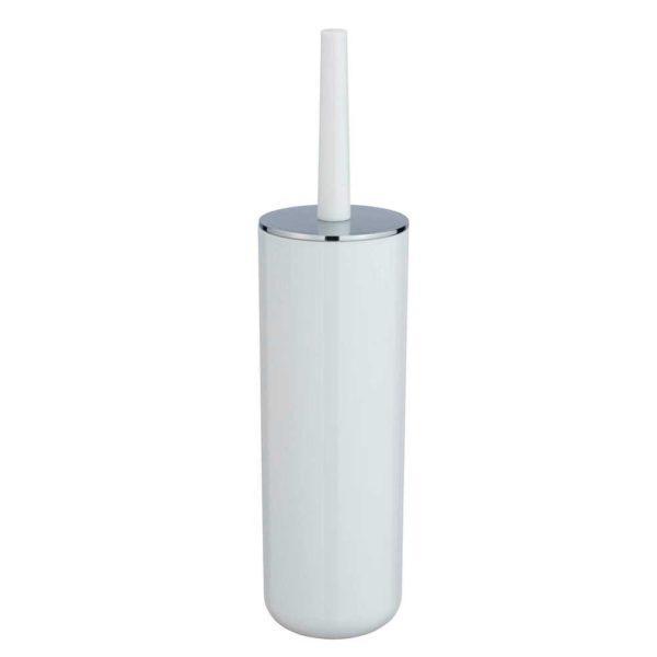 white coloured tall cylindrical plastic toilet brush holder with chrome flat lid and handle