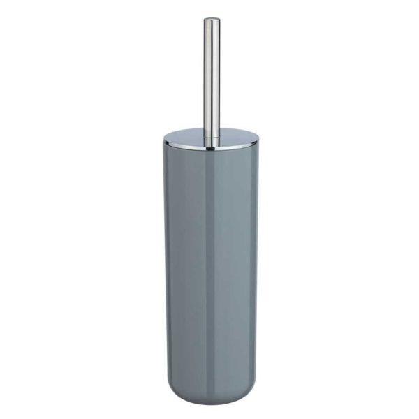 grey coloured tall cylindrical plastic toilet brush holder with chrome flat lid and handle