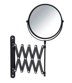 small round mirror with swivel hinge on an extending arm that folds in and out. the non mirror parts are a matt black