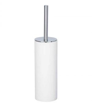 white coloured tall cylindrical resin toilet brush holder with chrome flat lid and handle